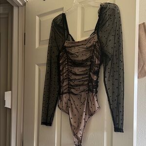 Elegant Black Mesh Polka Dot Bodysuit